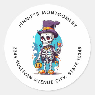 Cool Skeleton in a Top Hat Halloween Address Classic Round Sticker
