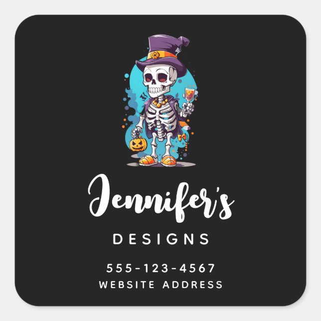 Cool Skeleton in a Top Hat Halloween Business Square Sticker (Front)