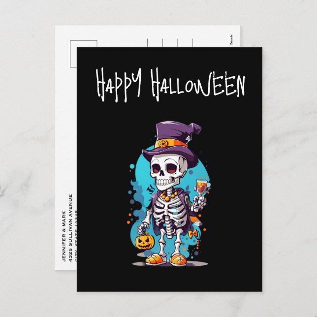 Cool Skeleton in a Top Hat Halloween Holiday Postcard (Front/Back)
