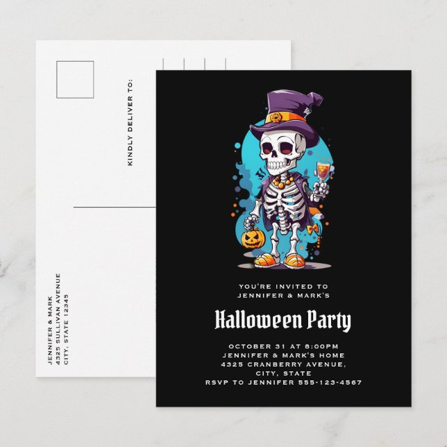Cool Skeleton in a Top Hat Halloween Invitation Postcard (Front/Back)