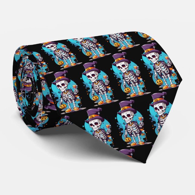 Cool Skeleton in a Top Hat Halloween Pattern Tie (Rolled)