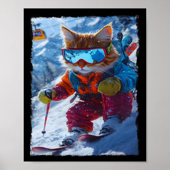 Cool Skiing Cat Funny Winter Snow Mountain Adventu Poster (Front)