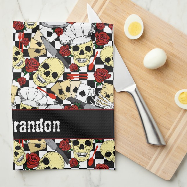 Cool Skulls Wearing Chef Hats Red Roses Chequered Kitchen Towel (Quarter Fold)