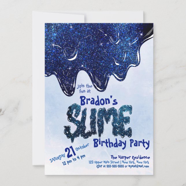Cool Slate Blue Sparkly Glitter Slime Birthday Invitation (Front)