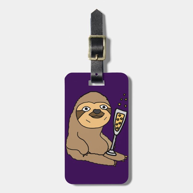 Cool Sloth Drinking Champagne Cartoon Luggage Tag (Front Vertical)