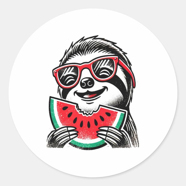 Cool Sloth Eating Watermelon Classic Round Sticker (Front)