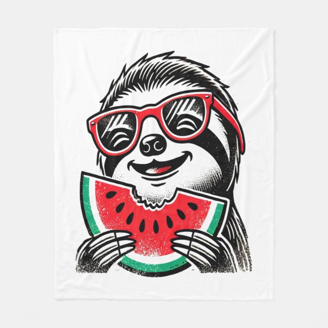 Cool Sloth Eating Watermelon Fleece Blanket (Front)