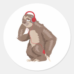 Cool Sloth Music Headphones Funny Earphones Classic Round Sticker