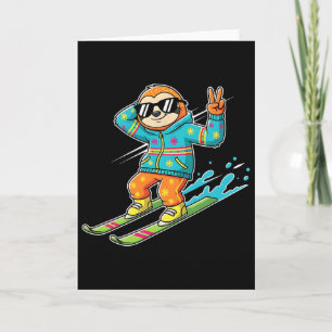 Cool Sloth On Skis Peace Sign Retro Winter Vibe Card