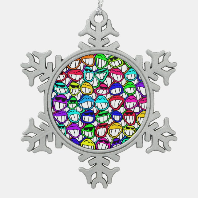 COOL SMILING FACES GROUP SNOWFLAKE PEWTER CHRISTMAS ORNAMENT (Front)