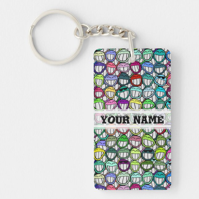 COOL SMILING FACES GROUP + your text Keychain (Front)
