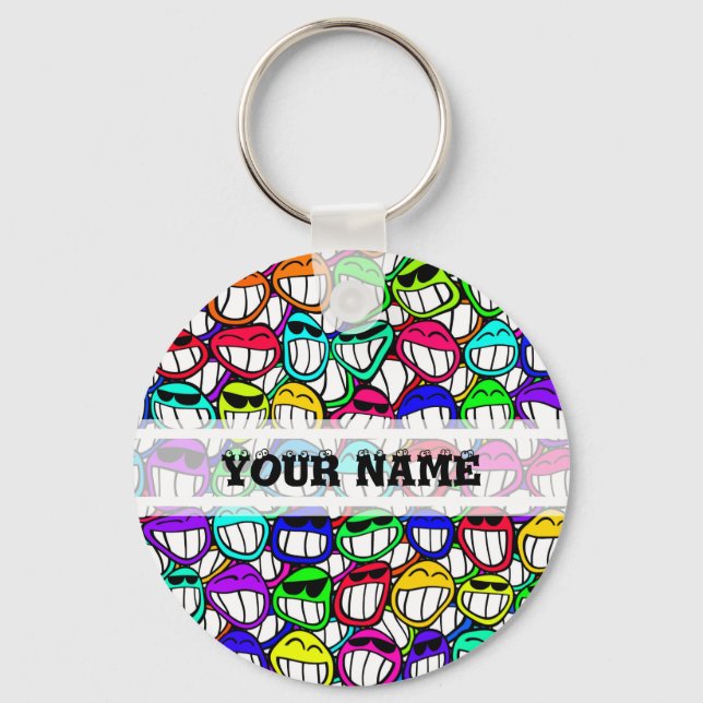 COOL SMILING FACES GROUP + your text Keychain (Front)