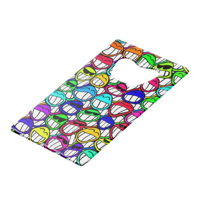Cool Smiling Faces Pattern + your idea Credit Card Bottle Opener (Front Angled)