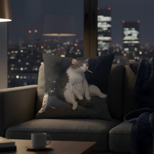 Cool Smoking Cat with Beer Can Night City View Throw Pillow