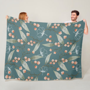 Cool smoky blue background Watercolor flowers Fleece Blanket