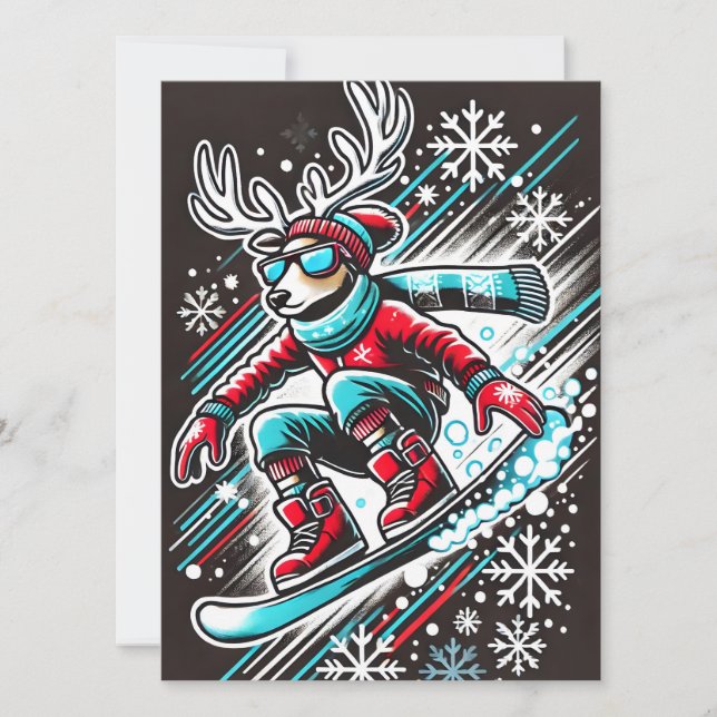 Cool Snowboarding Reindeer Christmas Card For Boys (Front)