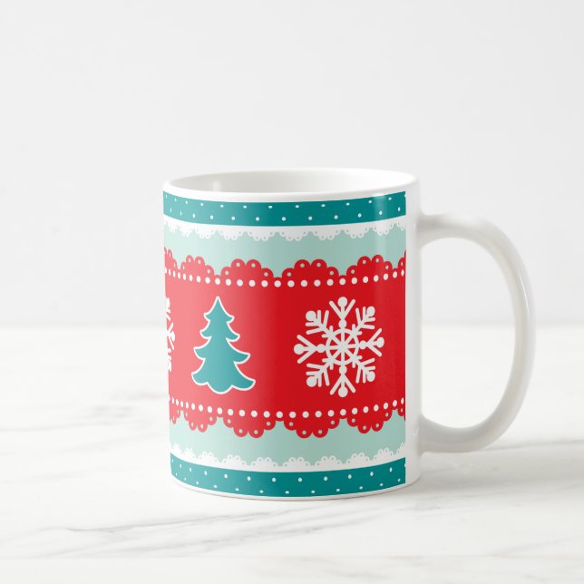 Cool Snowflakes Christmas Trees Red Teal Pattern Coffee Mug (Right)