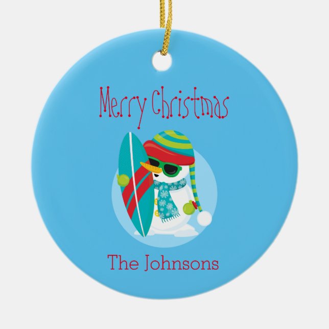 Cool Snowman Christmas Surfer Ceramic Ornament (Front)