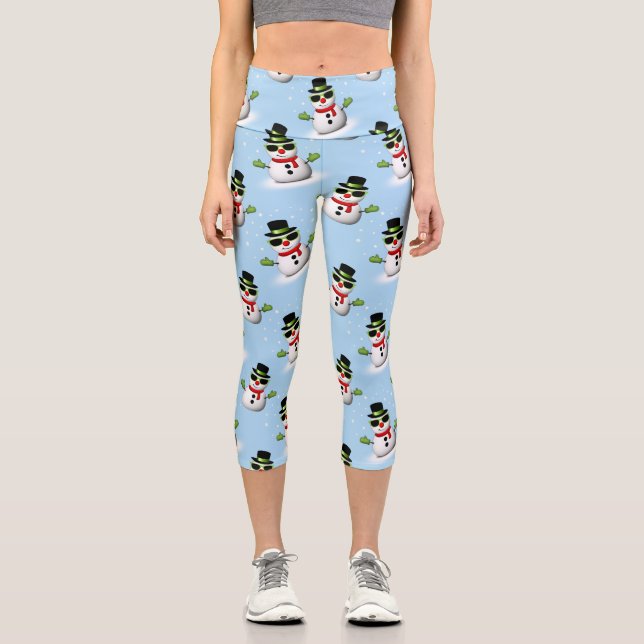 Cool Snowman Christmas Winter blue pattern Capri Leggings (Front)
