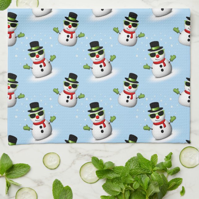 Cool Snowman Christmas Winter blue pattern Kitchen Towel (Folded)