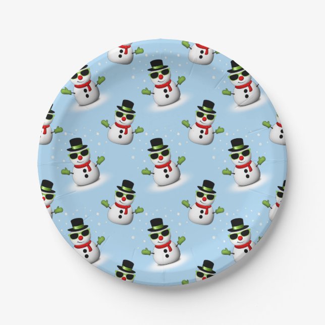 Cool Snowman Christmas Winter blue pattern Paper Plate (Front)