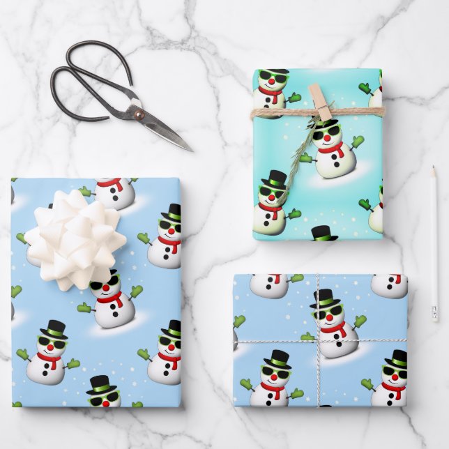 Cool Snowman Christmas Winter blue pattern Wrapping Paper Sheet (Front)
