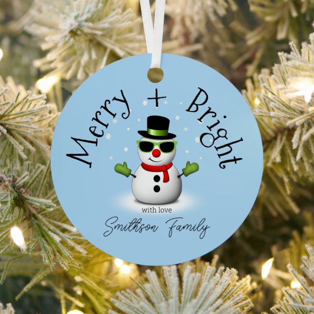 Cool Snowman Merry Bright Christmas Custom Family  Metal Ornament (Insitu)
