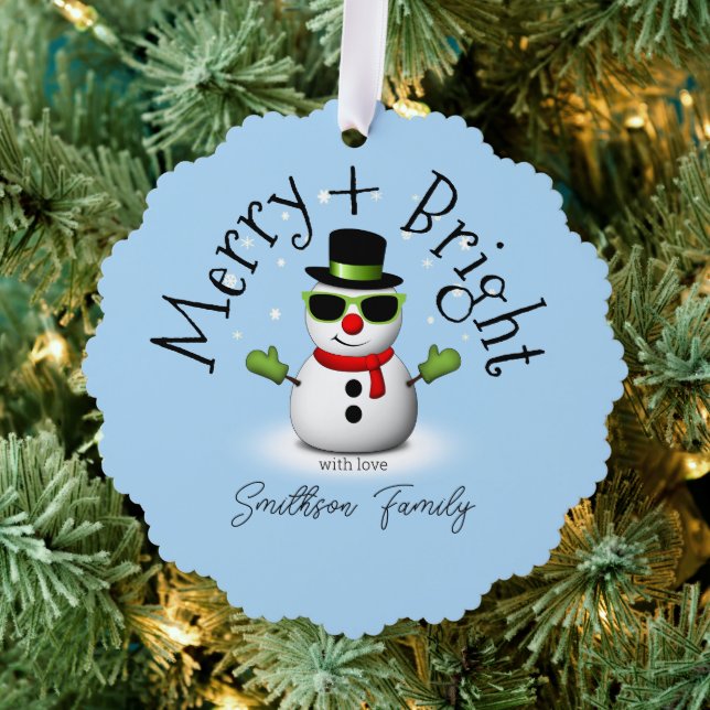 Cool Snowman Merry Bright Christmas Custom Family Ornament Card (Insitu (Tree))