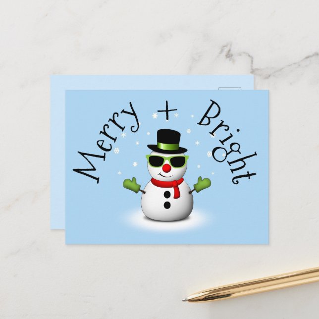 Cool Snowman Merry Bright Christmas Custom Family  Postcard (Front/Back In Situ)