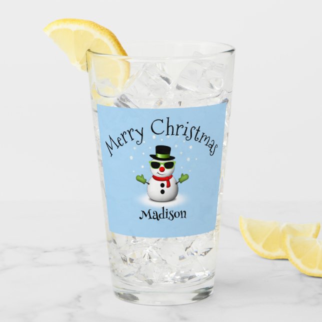 Cool Snowman Merry Christmas Custom Family name Glass (Front Ice)