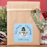 Cool Snowman Merry Christmas Winter Custom Family Square Sticker<br><div class="desc">Cool Snowman Merry Christmas Winter Custom name Favour Tag. Customize cute unique kid's Party Supplies. Illustration of a cool snowman with green sunglasses and gloves,  red scarf,  and black top hat on light blue.</div>