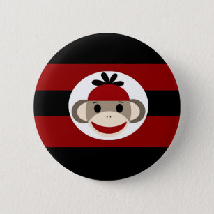 Cool Sock Monkey Beanie Hat Red Black Stripes 2 Inch Round Button