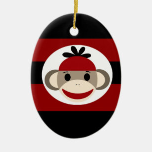 Cool Sock Monkey Beanie Hat Red Black Stripes Ceramic Ornament