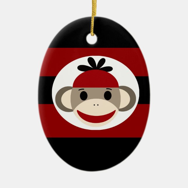 Cool Sock Monkey Beanie Hat Red Black Stripes Ceramic Ornament (Front)