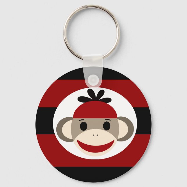 Cool Sock Monkey Beanie Hat Red Black Stripes Keychain (Front)
