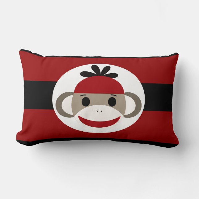 Cool Sock Monkey Beanie Hat Red Black Stripes Lumbar Pillow (Front)