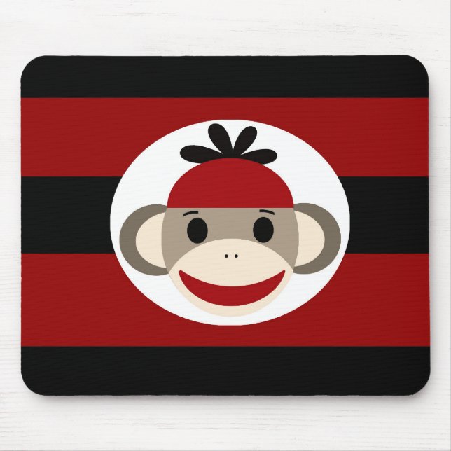 Cool Sock Monkey Beanie Hat Red Black Stripes Mouse Pad (Front)