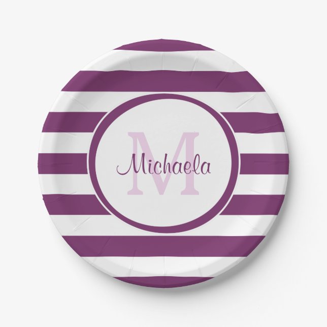 Cool Solid Magenta Purple Stripes and Monogram Paper Plate (Front)