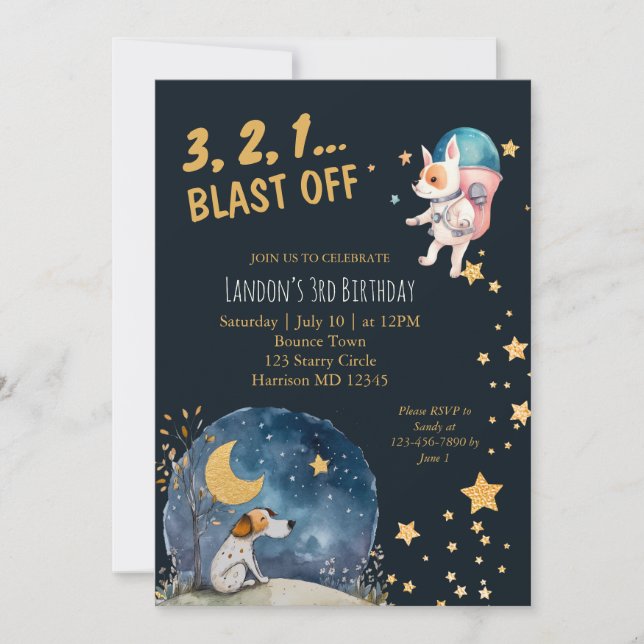 Cool Space Dogs Boys Third Birthday Invitation (Front)