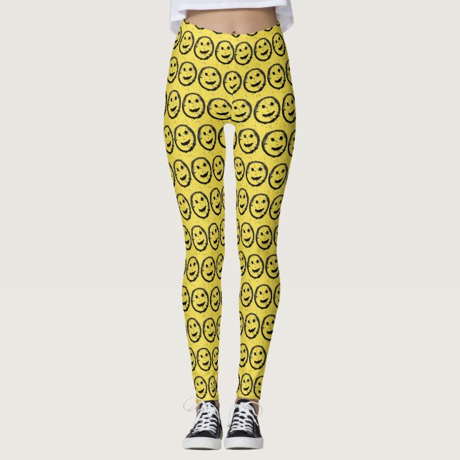 Cool Stained Happy Smiling face pattern yellow Leggings (Front)