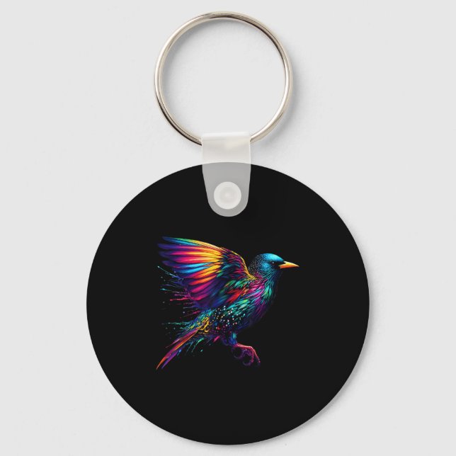 Cool Starling Bird Srit Animal Illustration Tie Dy Keychain (Front)