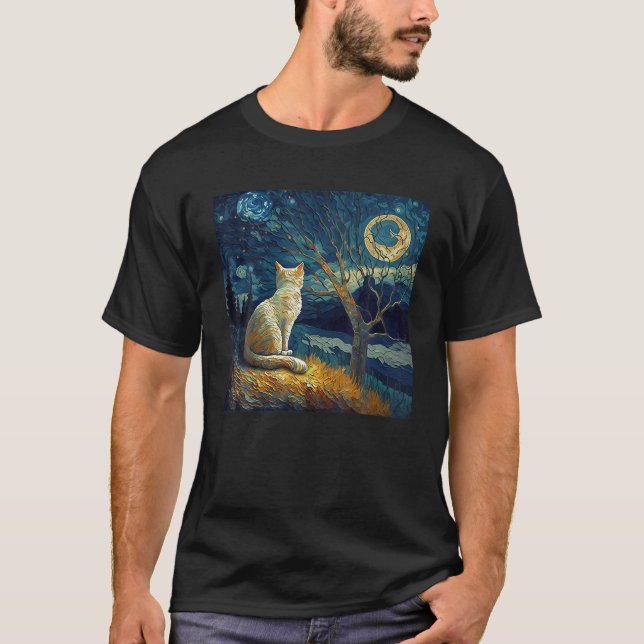 Cool Starry Night Cat Moon Retro Van Gogh Cat Cat  T-Shirt (Front)