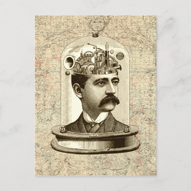 Cool Steampunk clockwork brain, head in jar art Postcard (Front)