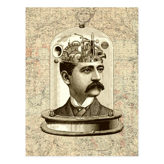 Cool Steampunk clockwork brain, head in jar art Postcard