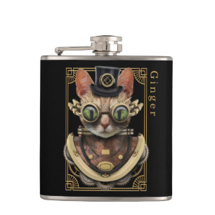 Cool Steampunk Orange Tabby Cat with Name Hip Flask