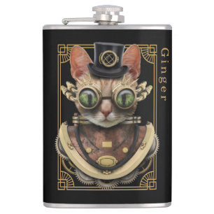 Cool Steampunk Orange Tabby Cat with Name Hip Flask