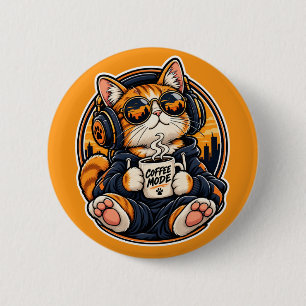 Cool Streetwear Cat Drinking Coffee 2 Inch Round Button