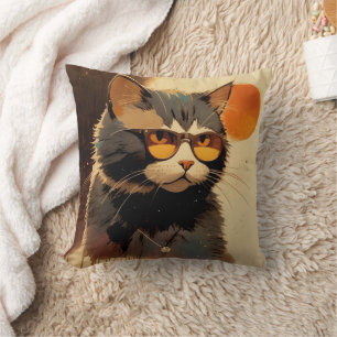 Cool Streetwear Graffiti Cat with Sunglasses Throw Pillow