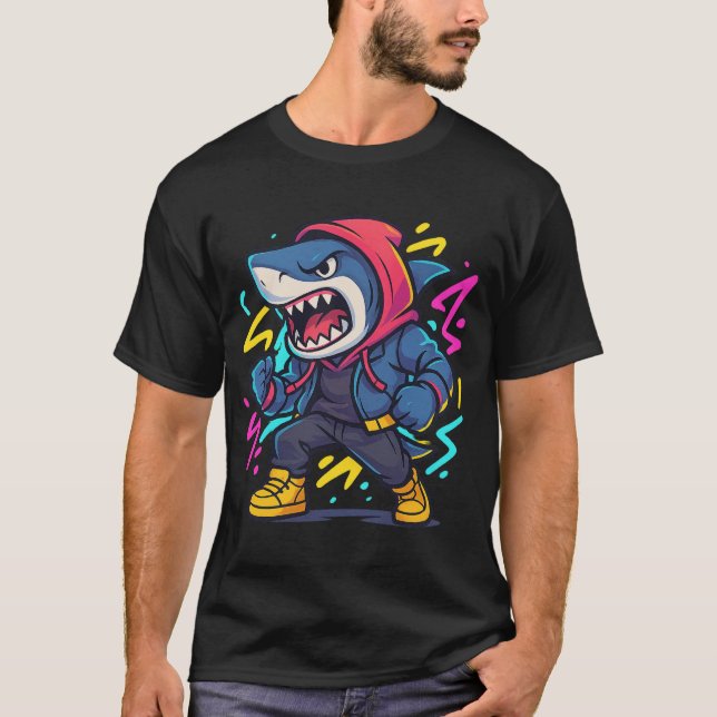 Cool Streetwear Shark Cartoon T-Shirt (Front)