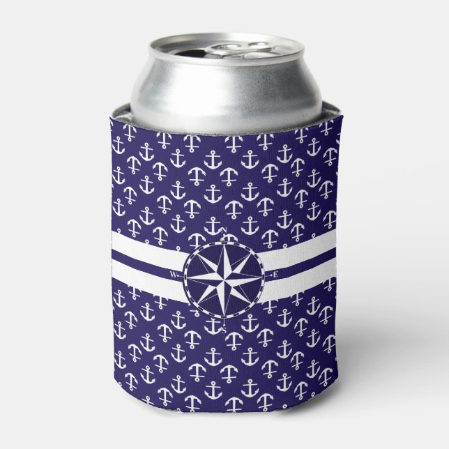 Cool Stylish Anchor Pattern Nautical Theme Compass Can Cooler (Can Front)